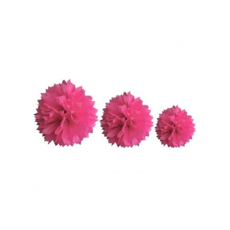 Boules en papier Pompons 40cm, 30cm et 20cm fuschia