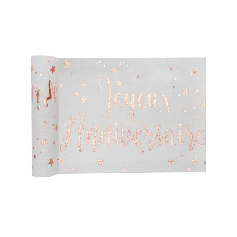 Chemin de table coton Joyeux Anniversaire Rose Gold 0