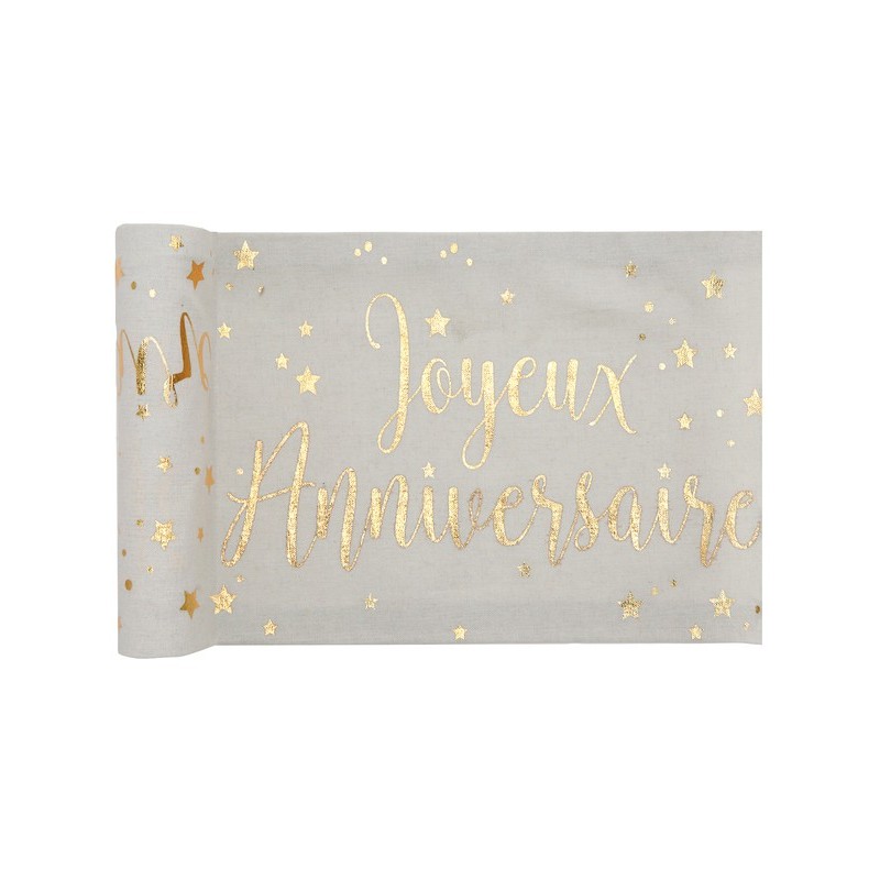 Chemin de table coton Joyeux Anniversaire Or 0